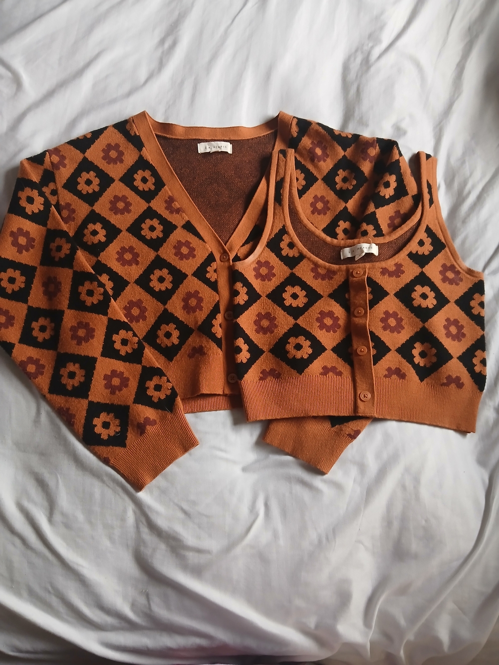 Brown & Black Floral Diamond Knit Cardigan + Tank Set